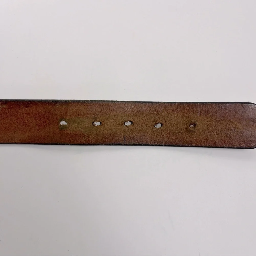 Brown tooled leather belt, unisex, approximately 34” see measurements in photos.